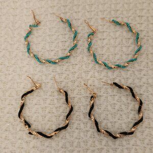 Small beads spiral twisted fashion Earrings, black and turquoise